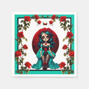 Serviette En Papier Crânes à sucre de Roses turquoises et rouges