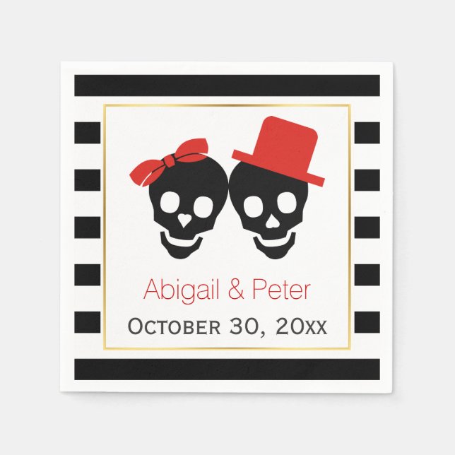 Serviette En Papier Crânes couple et rayures rouge Halloween mariage (Devant)