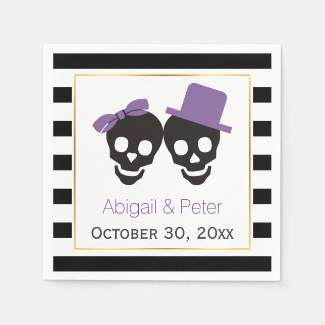 Serviette En Papier Crânes couple et rayures violet Halloween mariage (Devant)