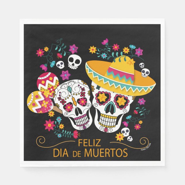 Serviette En Papier Crânes et fleurs à sucre du Parti (Devant)