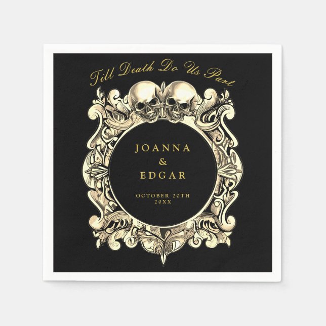 Serviette En Papier Crânes Noir Et Or Mariage Gothique (Devant)
