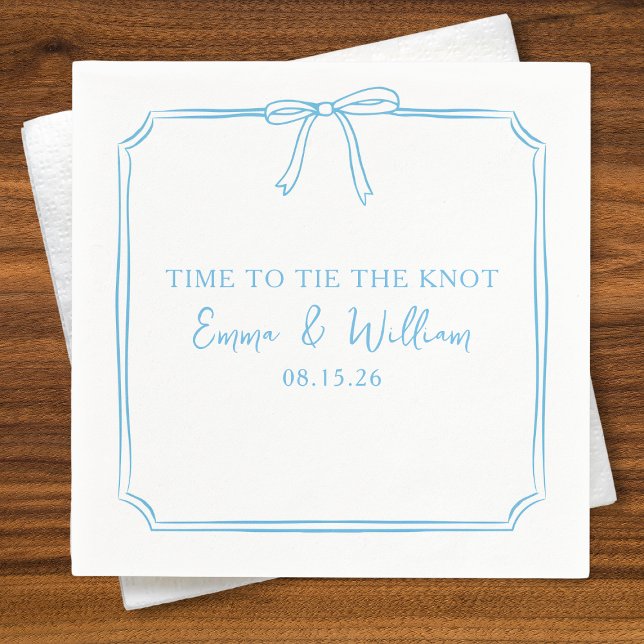 Serviette En Papier "Cravate Le noeud" Bow Classic Blue Chic Mariage (Minimalist 'Time to Tie the Knot' wedding napkins featuring a delicate bow and custom text in blue.)