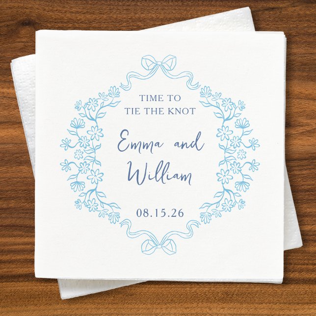 Serviette En Papier "Cravate le noeud" Bow & Floral Design Mariage per (Charming 'Time to Tie the Knot' wedding napkins with floral and bow design, customizable and elegant)