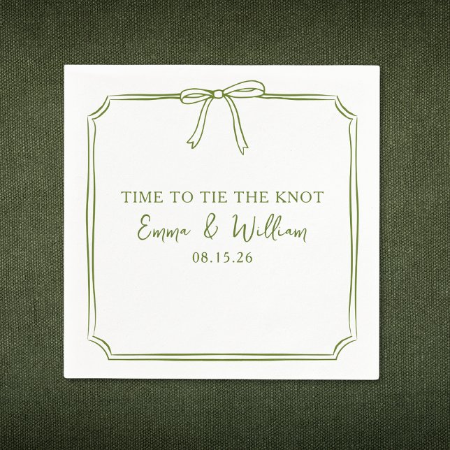 Serviette En Papier "Cravate Le noeud" Elégant Bow Simple Mariage Oliv (Perfect for "Tying the Knot," these olive green napkins with a chic bow design can be customized!)