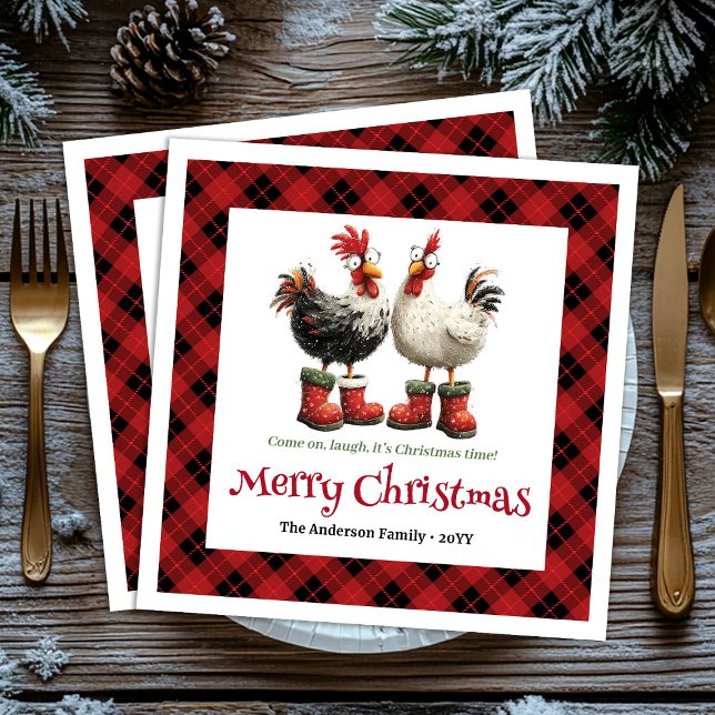 Serviette En Papier Crazy Christmas chickens napkin editable name set (Funny Christmas chickens napkin editable name set)