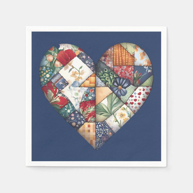 Serviette En Papier Crazy Quilt Heart Sur Bleu (Devant)