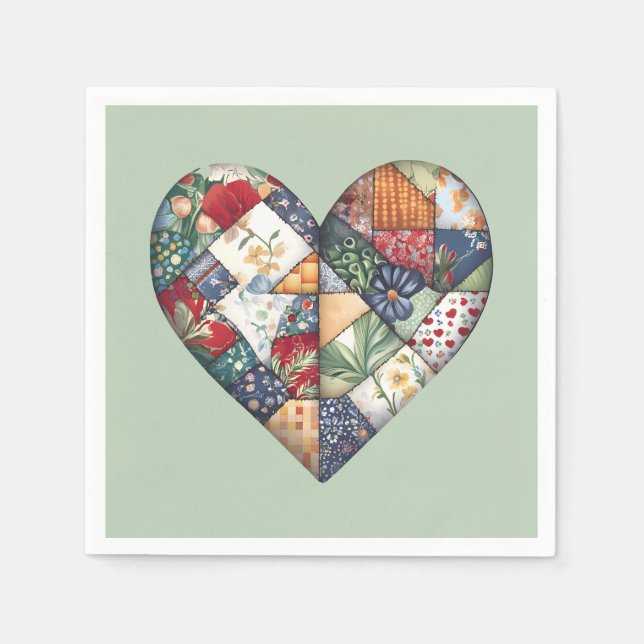 Serviette En Papier Crazy Quilt Heart Sur Sage Green (Devant)