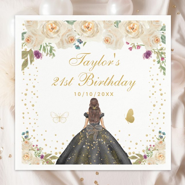 Serviette En Papier Cream Floral Brunette Coiffeuse Fille Anniversaire (Créateur téléchargé)