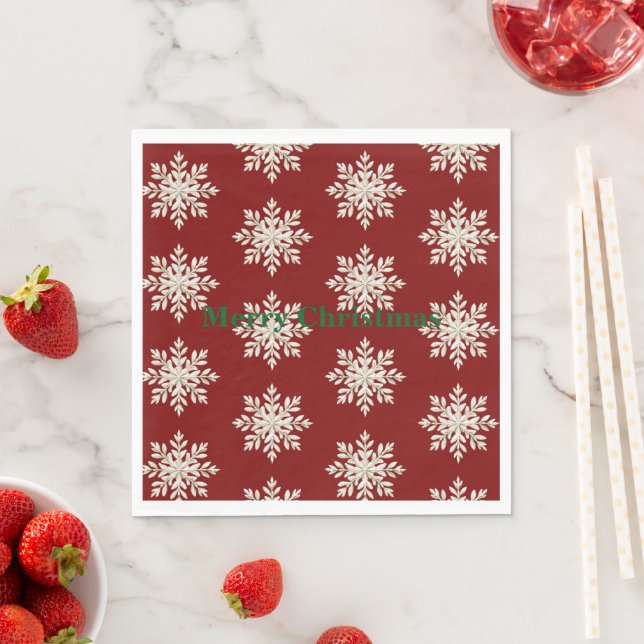 Serviette En Papier Cream Snowflake Red Christmas (En situation)