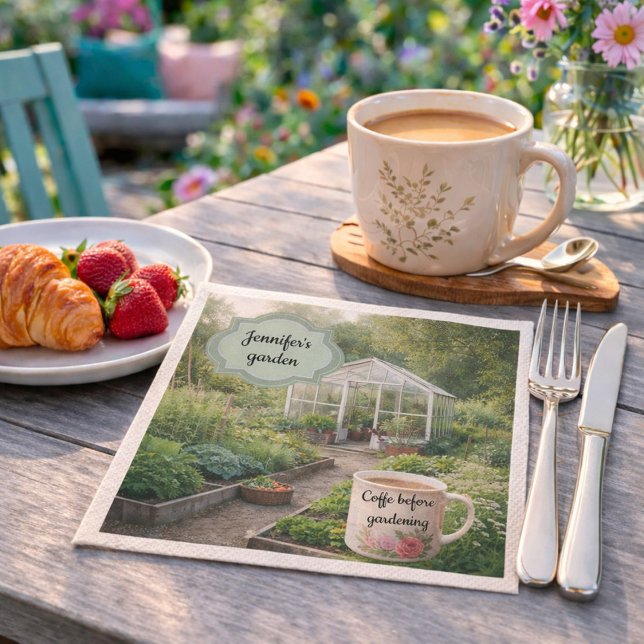 Serviette En Papier Create your own Coffee before gardening photo (Create your own Coffee before gardening photo Napkins. You can add your own garden photo and name.)