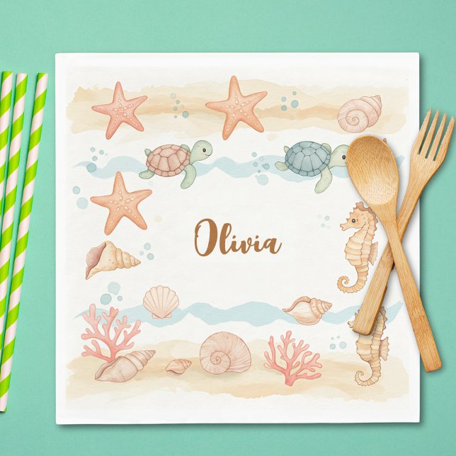 Serviette En Papier Créatures marines bébé à l'aquarelle fantaisiste (Créateur téléchargé)