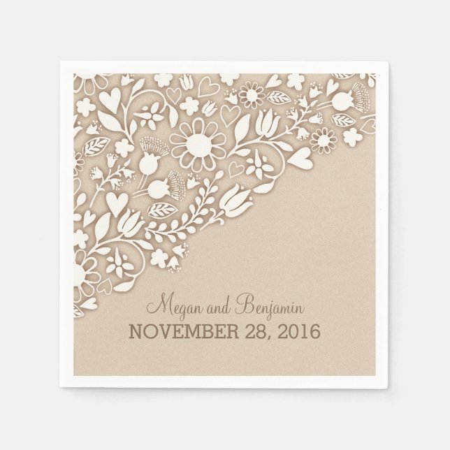 Serviette En Papier crème brun fleurit papier mariage serviette (Devant)