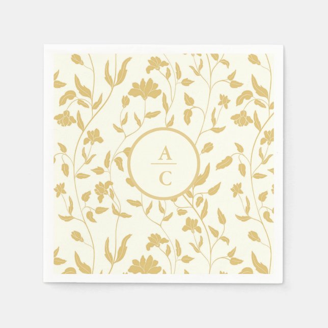 Serviette En Papier Crème et or Mariage Monogram Floral (Devant)
