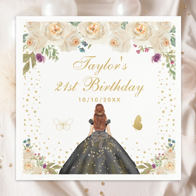 Serviette En Papier Crème Floral Brown Coiffeuse Fille Anniversaire (Créateur téléchargé)