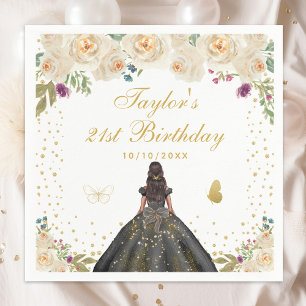 Serviette En Papier Crème Floral Peau foncée Fille Anniversaire