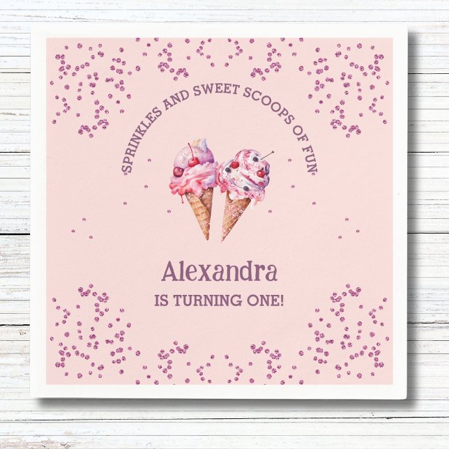 Serviette En Papier Crème glacée rose fille 1er anniversaire fête (Créateur téléchargé)
