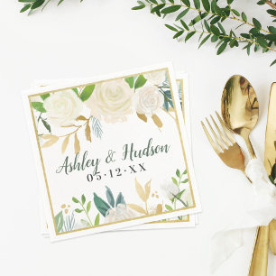 Serviette En Papier Crème Or Floral Verdure Mariage Monogramme