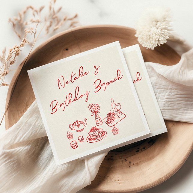 Serviette En Papier Crème rétro Rouge Main tiré Amusant Anniversaire B (Créateur téléchargé)