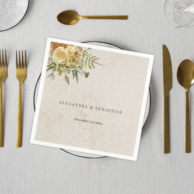 Serviette En Papier Crème Rustique Yellow Roses Mariage damassé (Créateur téléchargé)