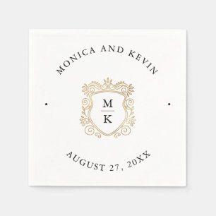 Serviette En Papier Crest doré   Élégant Mariage noir et blanc