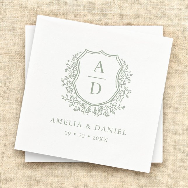 Serviette En Papier Crest Moderne Monogramme Mariage Sage Vert (Créateur téléchargé)