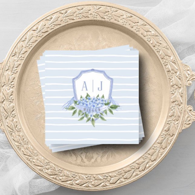 Serviette En Papier Crête Monogramme Hydrangée Bleue avec bandes Favor (Créateur téléchargé)