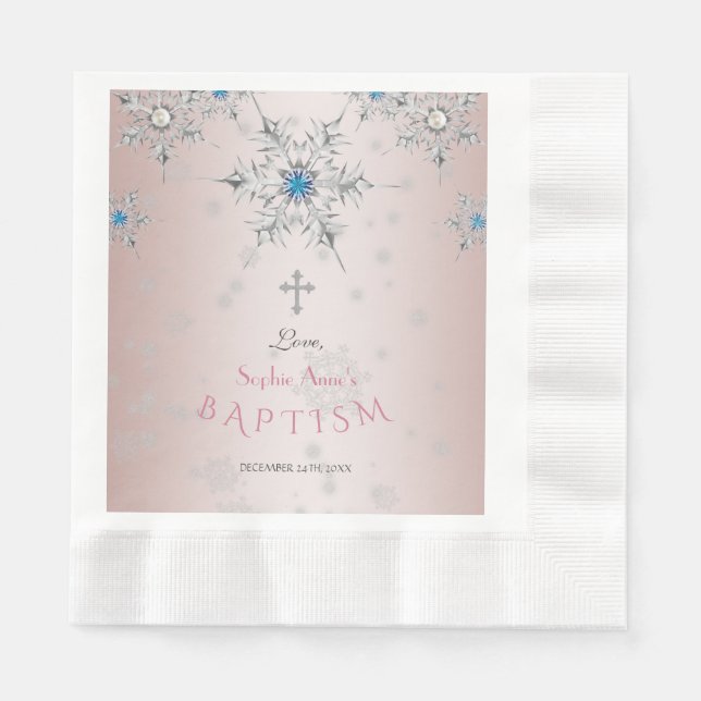 Serviette En Papier Cristaux de flocons d'argent Perles roses Baptême (Devant)