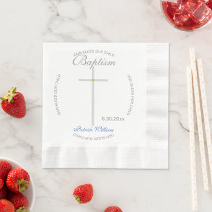 Serviette En Papier Croix argentée Baptême Garçon Bleu