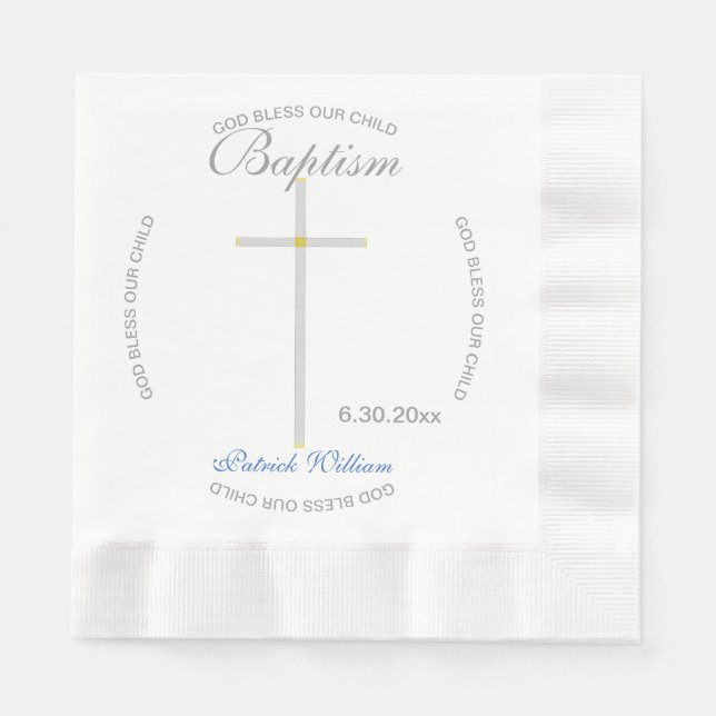 Serviette En Papier Croix argentée Baptême Garçon Bleu (Devant)