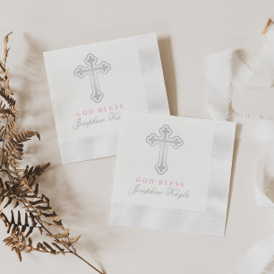 Serviette En Papier Croix argentée élégante Dieu bénisse fille baptême