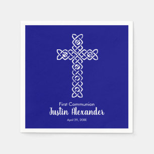 Serviette En Papier Croix Baptême de communion bleu marine