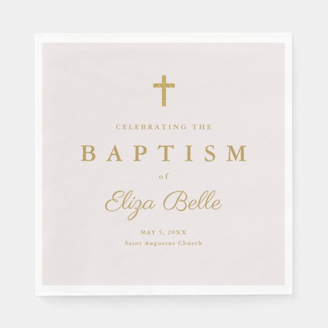 Serviette En Papier Croix baptismale pailletée or classique  (Devant)