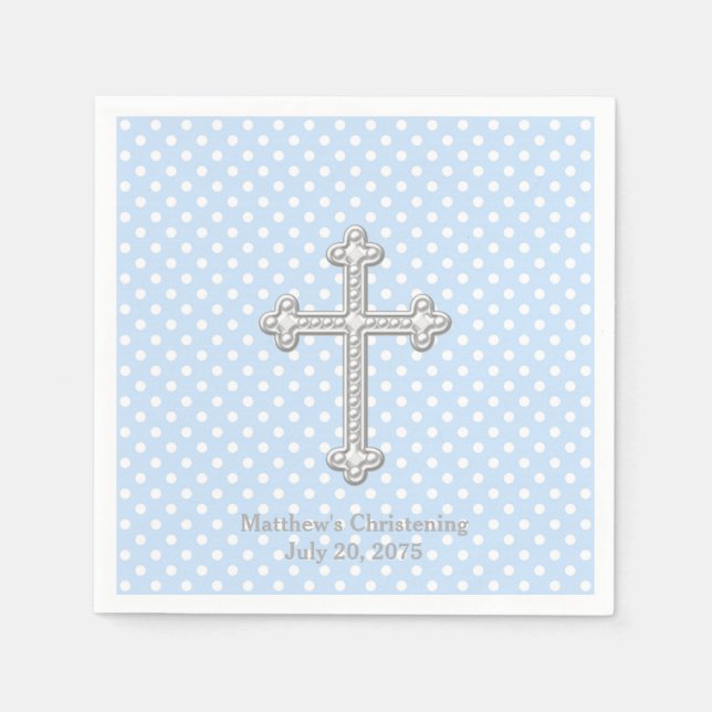 Serviette En Papier Croix Blanche Baptême Bleu (Devant)