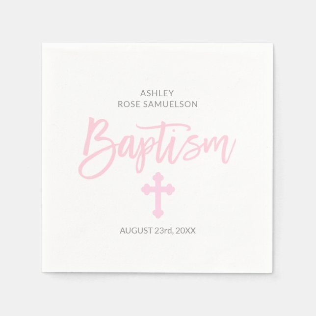 Serviette En Papier Croix blanche rose personnalisée FILLE BAPTISME (Devant)