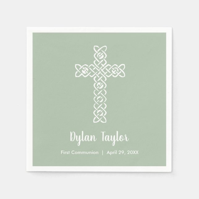 Serviette En Papier Croix Blanche Sage Vert Première communion religie (Devant)