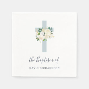 Serviette En Papier Croix Bleue et Fleurs Blanches Baptême de garçon