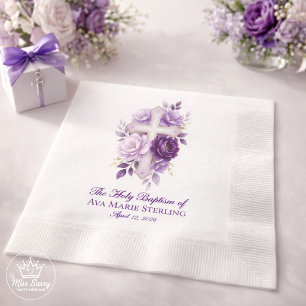 Serviette En Papier Croix chrétienne florale à l'aquarelle violet élég