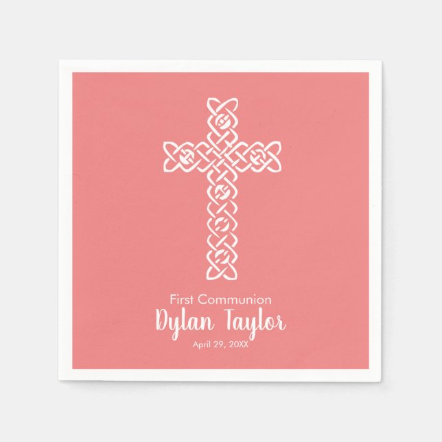 Serviette En Papier Croix | Communion de corail clair Baptême Christen (Devant)