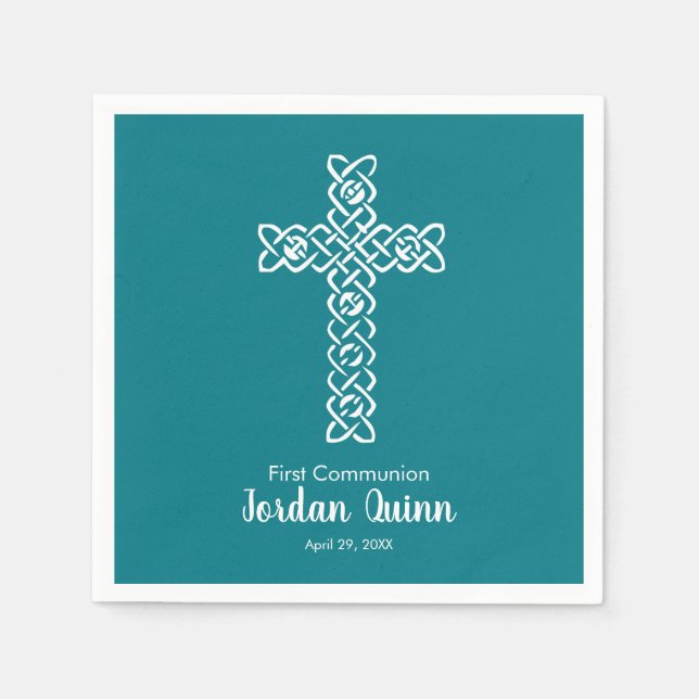 Serviette En Papier Croix | Communion Turquoise foncée Baptême Christe (Devant)