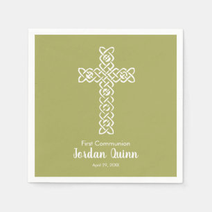 Serviette En Papier Croix Communion Vert Jaune Baptême Christening