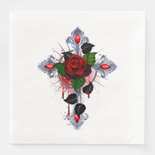 Serviette En Papier Croix d'argent avec une rose rouge