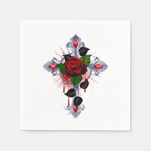 Serviette En Papier Croix d'argent avec une rose rouge (Devant)