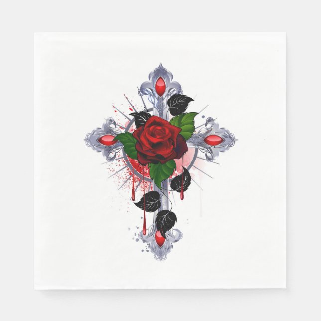 Serviette En Papier Croix d'argent avec une rose rouge (Devant)