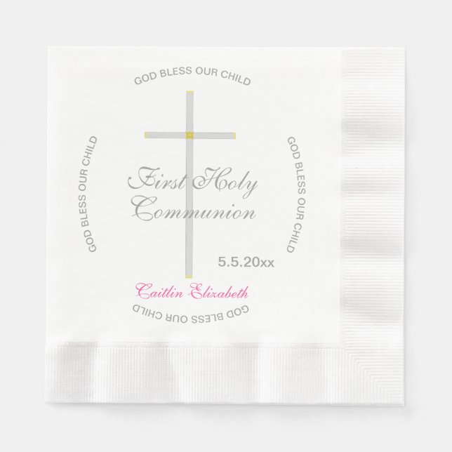 Serviette En Papier Croix d'argent Première communion sacrée Nom rose (Devant)