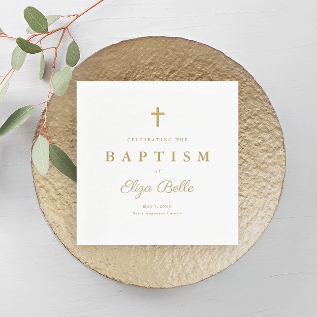 Serviette En Papier Croix de baptême pailletée or classique (Elegant gold baptism napkin with script typography and simple cross. )