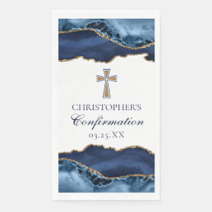 Serviette En Papier Croix de Confirmation Élégante Bleu Marine Or Pers