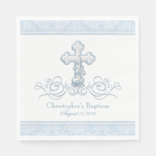 Serviette En Papier Croix de Damas bleu Baptême Communion serviettes