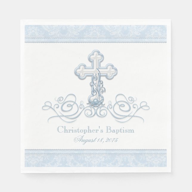 Serviette En Papier Croix de Damas bleu Baptême Communion serviettes (Devant)