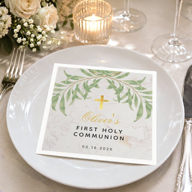 Serviette En Papier Croix de feuilles de verdure de première communion (Créateur téléchargé)