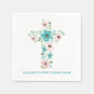 Serviette En Papier Croix de fleurs d'aquarelle Première communion sai